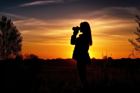 silhouette of a young woman taking pictures at sunrise, created with generative aiの素材