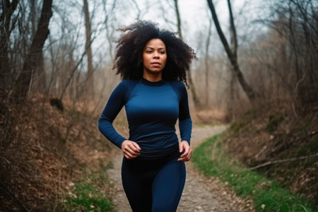 black woman sports, fitness and running in nature for cardio workout exercise or training, created with generative aiの素材