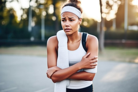 shot of a sporty young woman standing outdoors with an injury, created with generative aiの素材