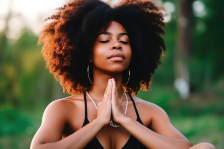 black woman, fitness and yoga park practice in the morning for wellness, training or workout, created with generative aiの素材