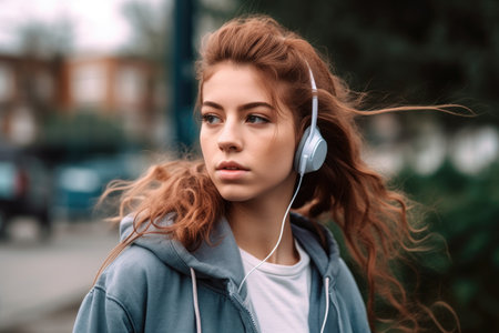 portrait of a sporty young woman wearing earphones while running outdoors, created with generative aiの素材