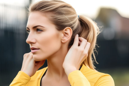 closeup of sporty woman holding ear while standing outdoors, created with generative aiの素材