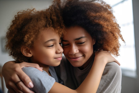 support, diversity and autism with mother and child hugging at home together, created with generative aiの素材