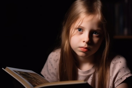 autism, education and portrait of girl with book for learning disability and mental health, created with generative aiの素材
