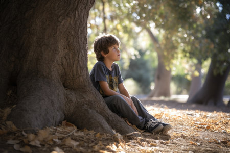a young boy with autism sitting under a tree, created with generative aiの素材