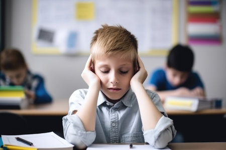 education, autism and portrait of a boy with an emotional disorder in the classroom being stressed, created with generative aiの素材