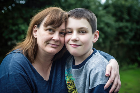 shot of a young woman with her son who has autism, created with generative aiの素材