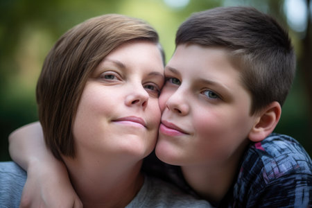 shot of a young woman with her son who has autism, created with generative aiの素材