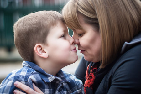 touching young boy on his mother with autism, created with generative aiの素材