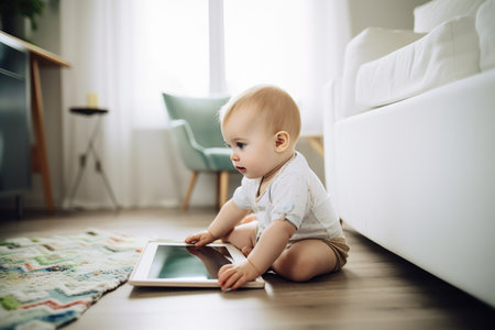 shot of an adorable baby boy using his tablet at home, created with generative aiの素材