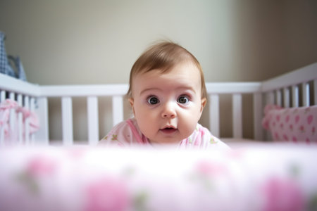 shot of a baby girl lying in her cot, created with generative aiの素材