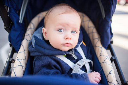 an adorable baby boy in his stroller, created with generative aiの素材