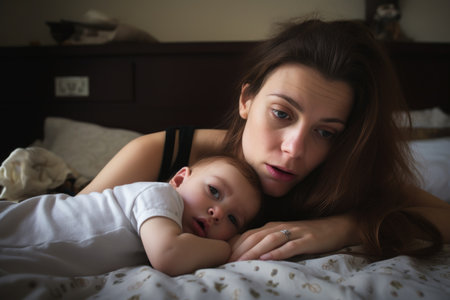 an exhausted mother lying down on her bed while holding her baby, created with generative aiの素材