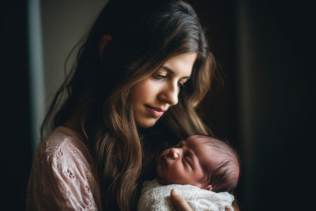 shot of a young woman holding her newborn baby girl, created with generative aiの素材