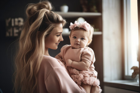 shot of a young woman holding her baby girl at home, created with generative aiの素材