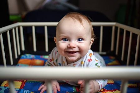a smiling baby lying in a playpen looking at the camera, created with generative aiの素材