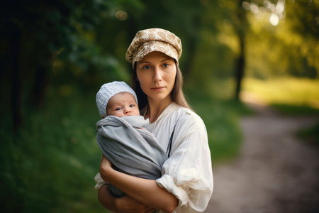 shot of a woman holding her newborn baby boy outdoors, created with generative aiの素材