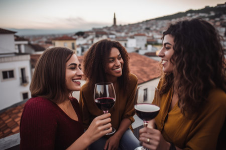 shot of friends enjoying wine on a rooftop, created with generative aiの素材