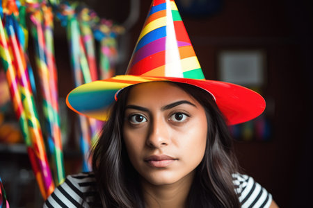 shot of a young mexican woman wearing a party hat, created with generative aiの素材