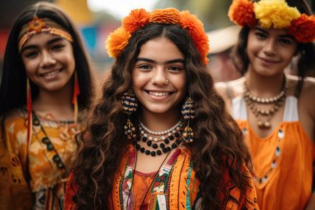 shot of a young mexican girl posing in costume with her friends, created with generative aiの素材