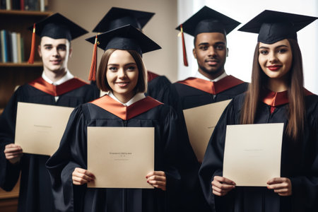 shot of a group of people holding their diplomas after graduation, created with generative aiの素材