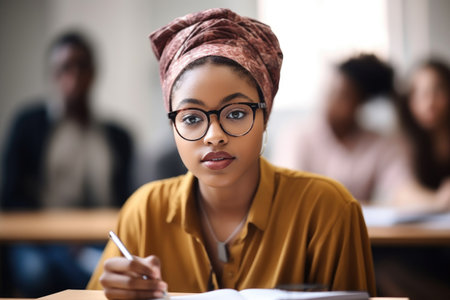 shot of a beautiful young woman taking notes while sitting in class at university, created with generative aiの素材