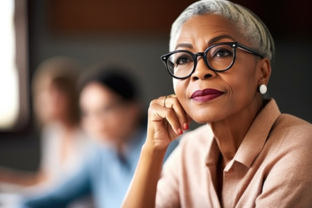 shot of a mature female student listening to her lecturer during class, created with generative aiの素材