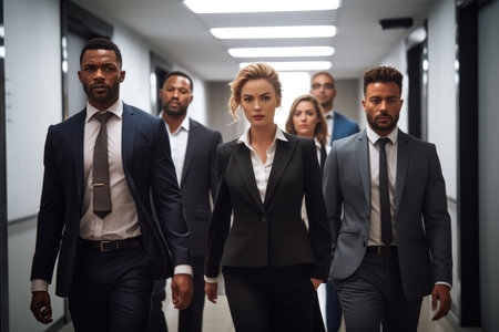 shot of a group of confident businesspeople walking together in a hallway, created with generative aiの素材