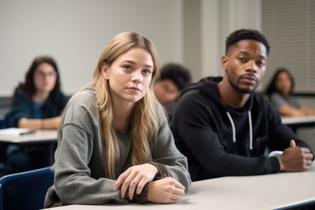 shot of two students sitting in on an adult education class, created with generative aiの素材