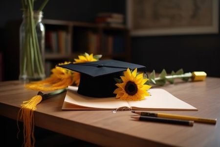 education, graduation and certificate for student success on table in college with happiness, created with generative aiの素材