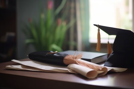education, graduation and certificate for student success on table in college with happiness, created with generative aiの素材