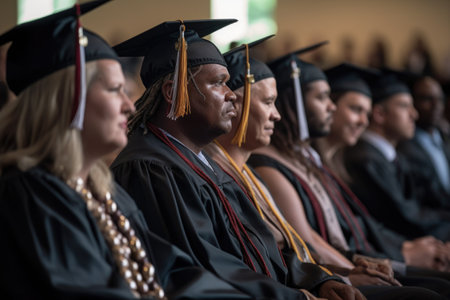 shot of a group of men and women sitting in the audience during graduation, created with generative aiの素材