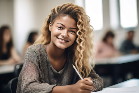 shot of a young woman smiling at the camera while taking notes in class, created with generative aiの素材