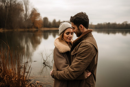 shot of a couple embracing one another in front of a lake, created with generative aiの素材