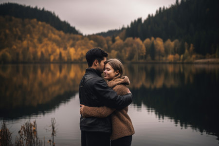 shot of a couple embracing one another in front of a lake, created with generative aiの素材