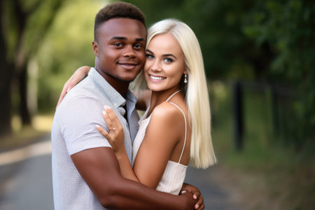 a happy young couple standing with their arms around each other outside, created with generative aiの素材