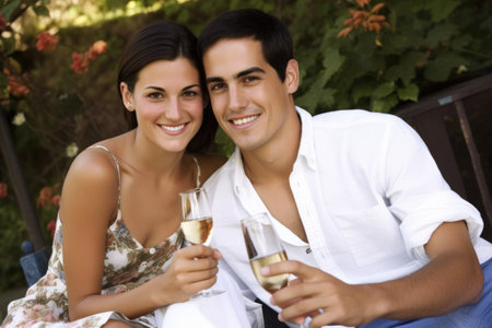 a happy young couple sitting outdoors with champagne, created with generative aiの素材