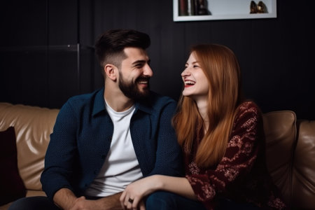 a happy young couple sitting on the sofa and laughing, created with generative aiの素材