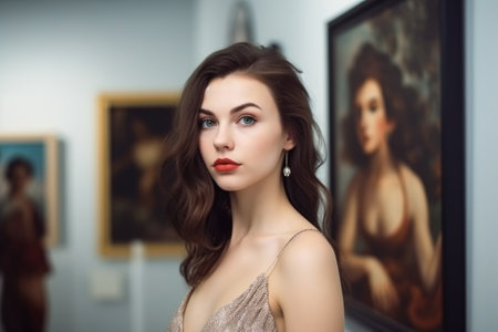 portrait of a beautiful brunette standing in an art gallery, created with generative aiの素材