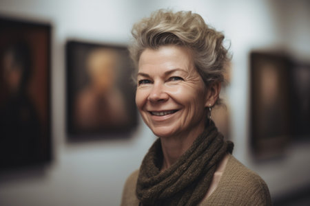 portrait of a smiling woman at an art gallery, created with generative aiの素材