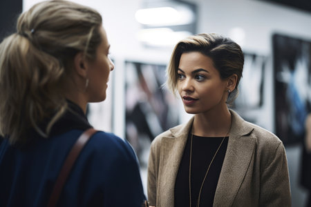 shot of a businesswoman talking with a staff member at her art gallery, created with generative aiの素材