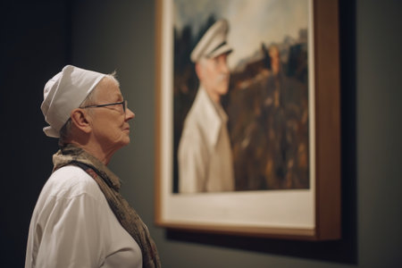 shot of two people admiring a painting in the museum, created with generative aiの素材
