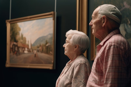 shot of two people admiring a painting in the museum, created with generative aiの素材