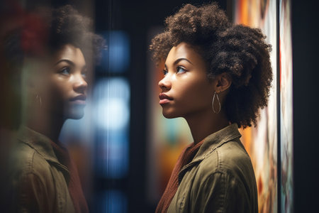 shot of a young woman standing in the art gallery, created with generative aiの素材