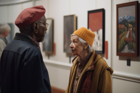 shot of two art gallery patrons discussing a painting in front of an artist, created with generative aiの素材