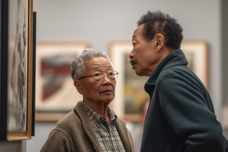 shot of two art gallery patrons discussing a painting in front of an artist, created with generative aiの素材
