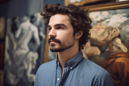 portrait of a handsome man standing behind his art gallery, created with generative aiの素材