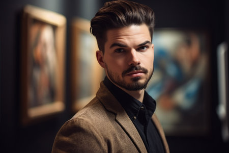 portrait of a handsome man standing behind his art gallery, created with generative aiの素材