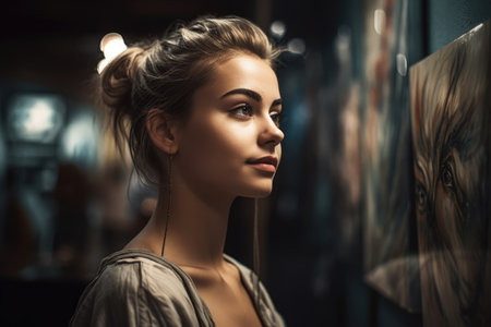 shot of a beautiful young woman enjoying the art at an exhibition, created with generative aiの素材
