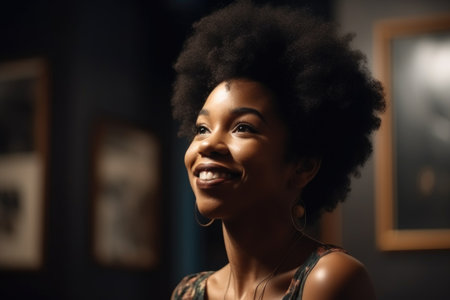 black woman, portrait and smile in art museum to see exhibition or explore with friends, created with generative aiの素材